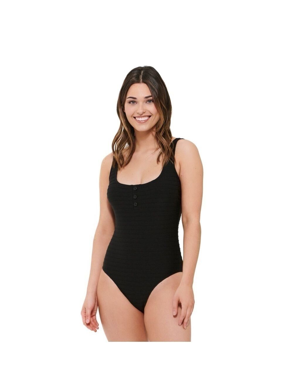 Freshwater Black Ribbed One-Piece Swimsuit. Size M